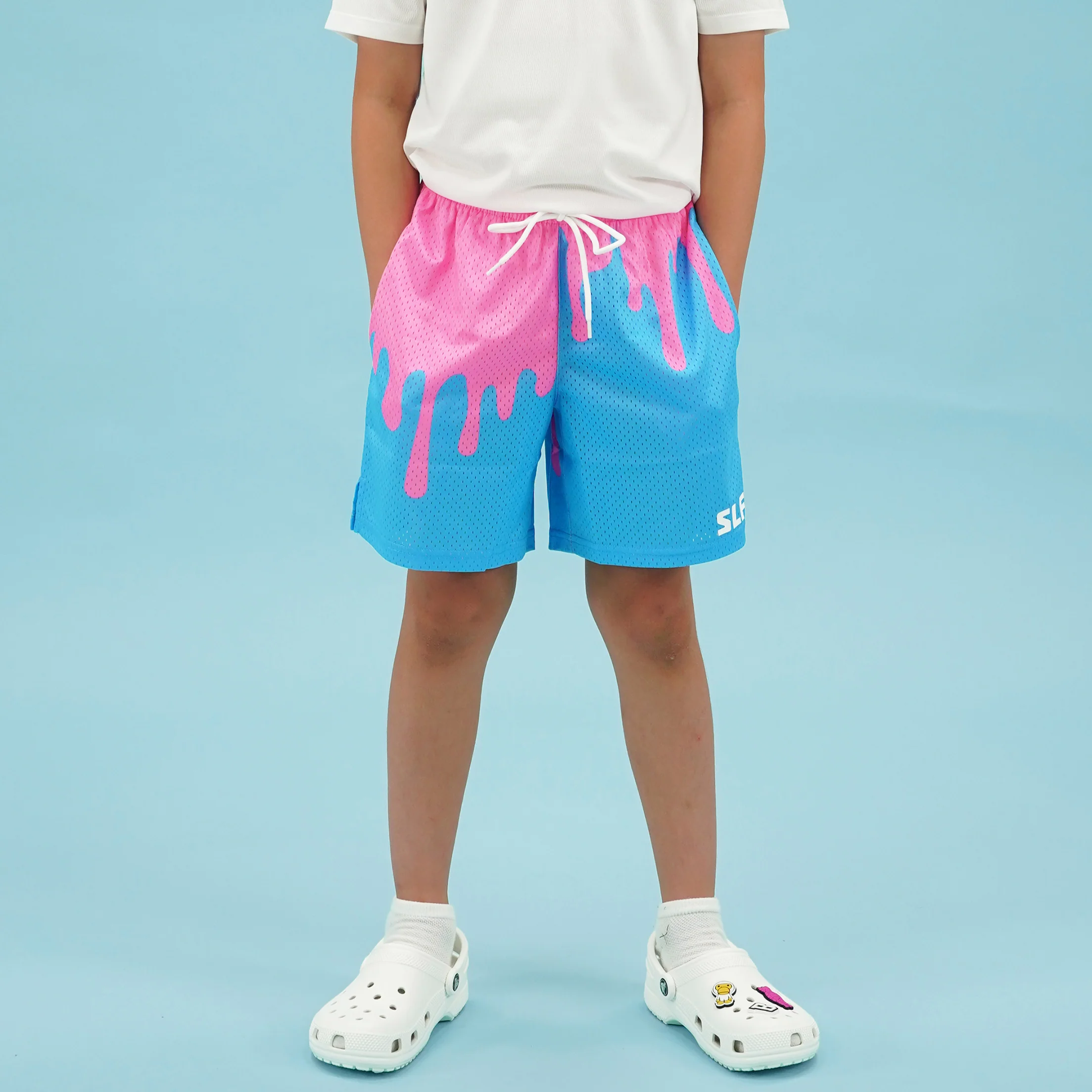 Neon Drip Pink Light Blue Kids Shorts - 5" - Image 2