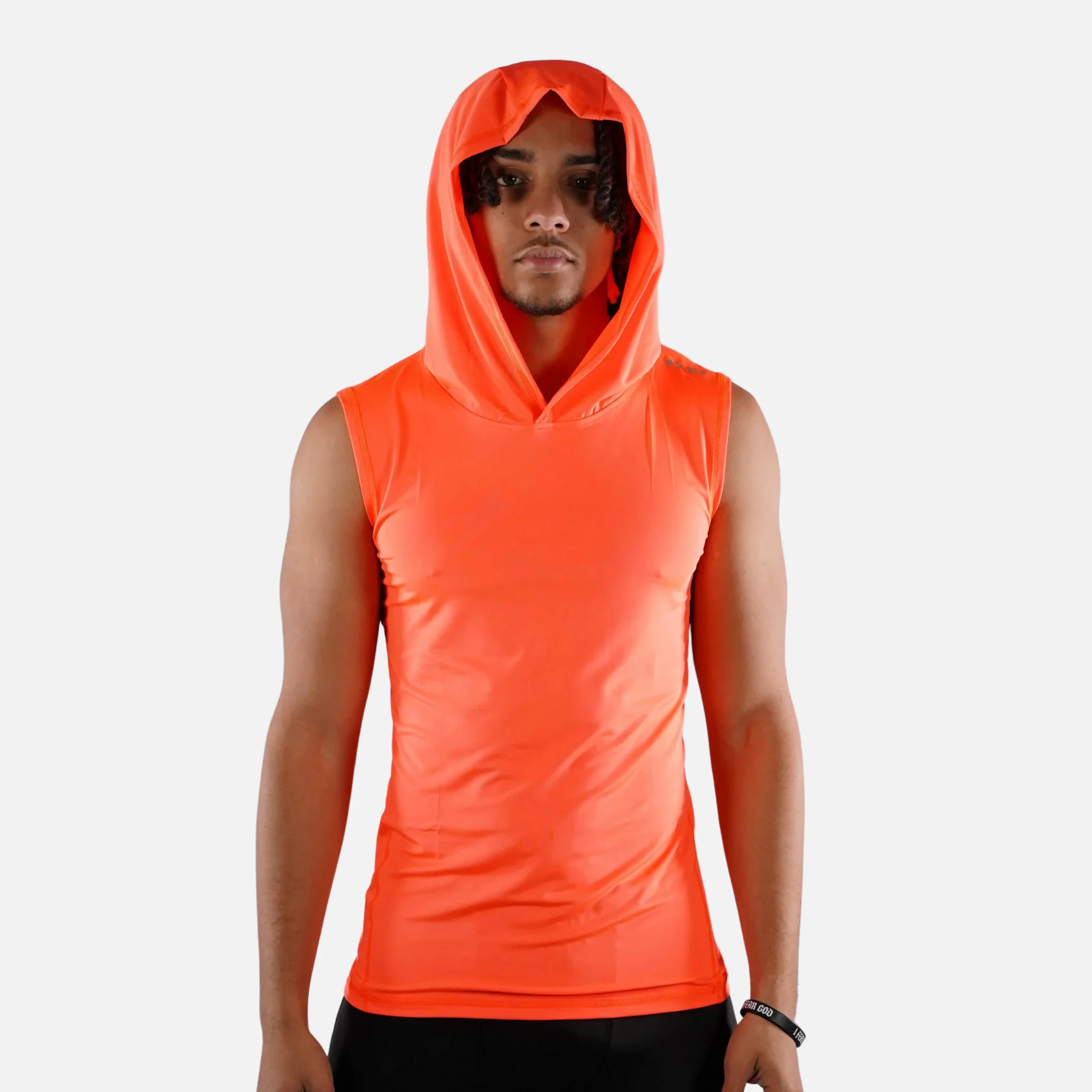 Neon Orange Sleeveless Compression Hoodie - Image 3