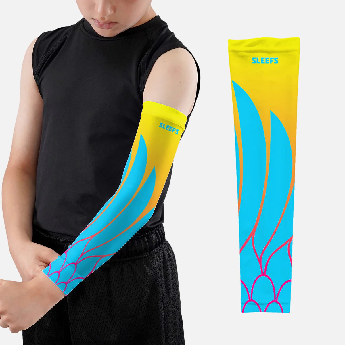 Neon Wings Blue and Yellow Kids Arm Sleeves Pair - Image 7