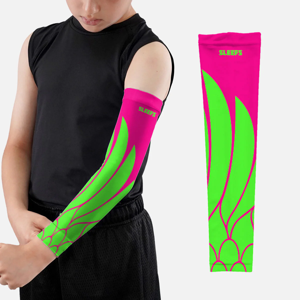 Neon Wings Green and Pink Kids Arm Sleeves Pair - Image 7