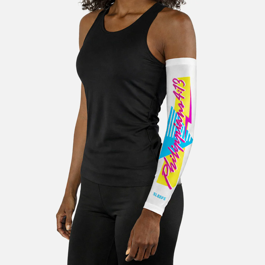 Philippians 4:13 Synthwave Black and White Arm Sleeves Pair - Image 10