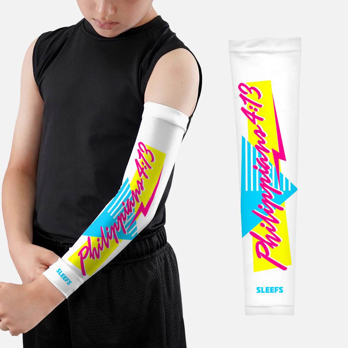 Philippians 4:13 Synthwave Black and White Kids Arm Sleeves Pair - Image 3