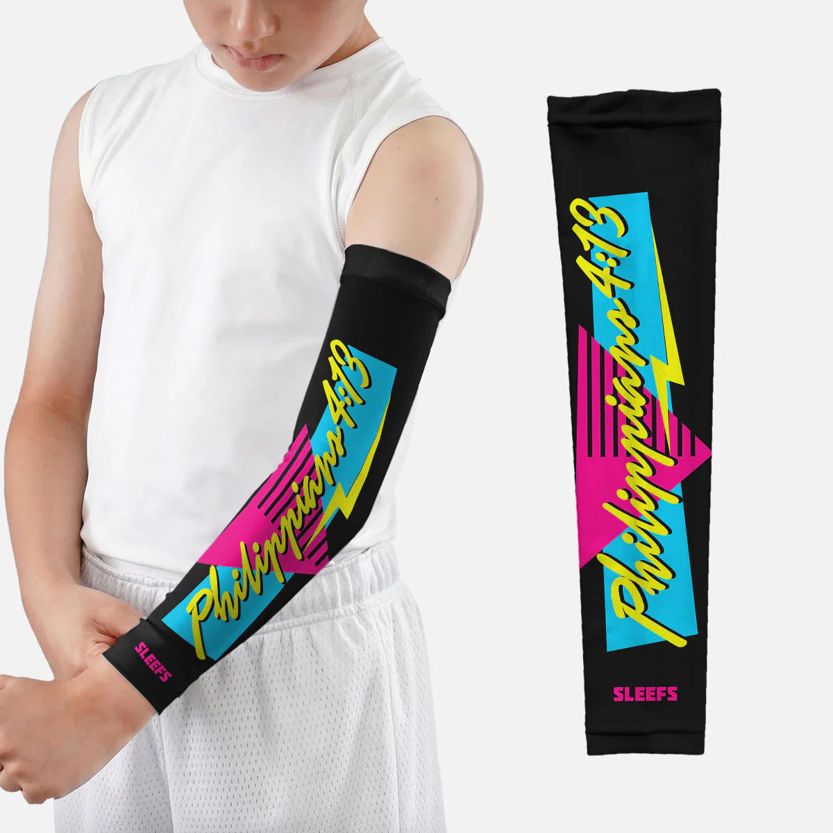 Philippians 4:13 Synthwave Black and White Kids Arm Sleeves Pair - Image 7