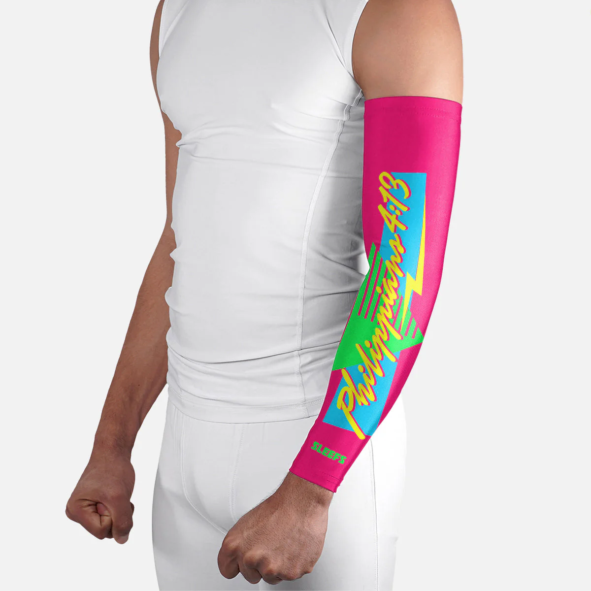 Philippians 4:13 Synthwave Pink and Blue Arm Sleeves Pair - Image 10