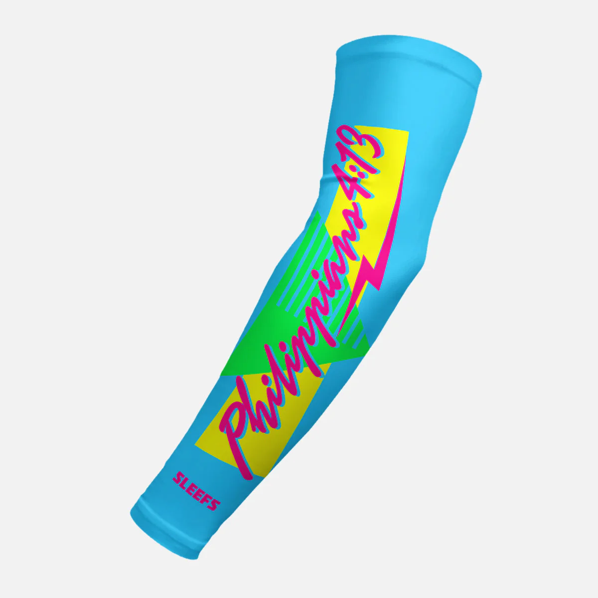 Philippians 4:13 Synthwave Pink and Blue Arm Sleeves Pair - Image 2