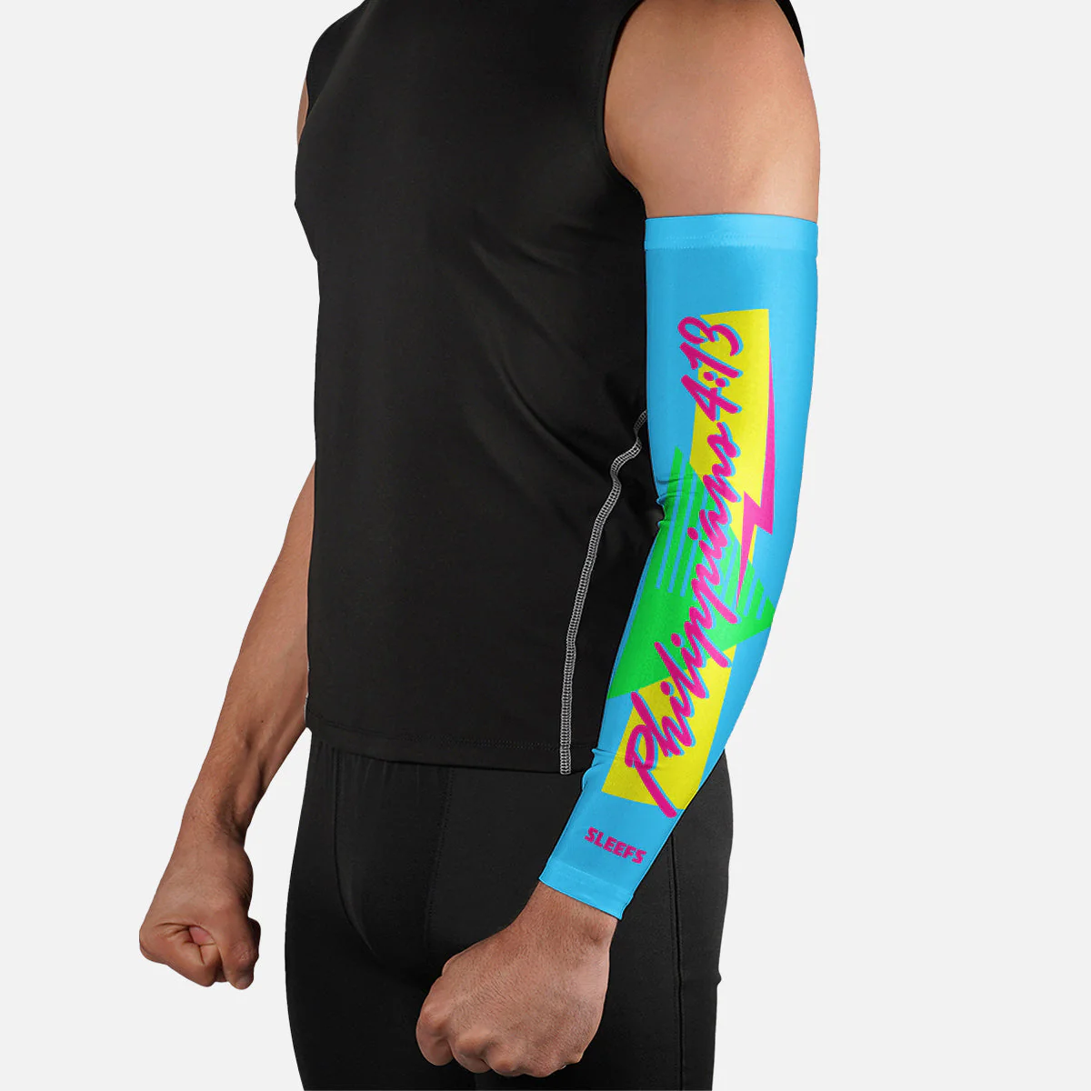 Philippians 4:13 Synthwave Pink and Blue Arm Sleeves Pair - Image 4
