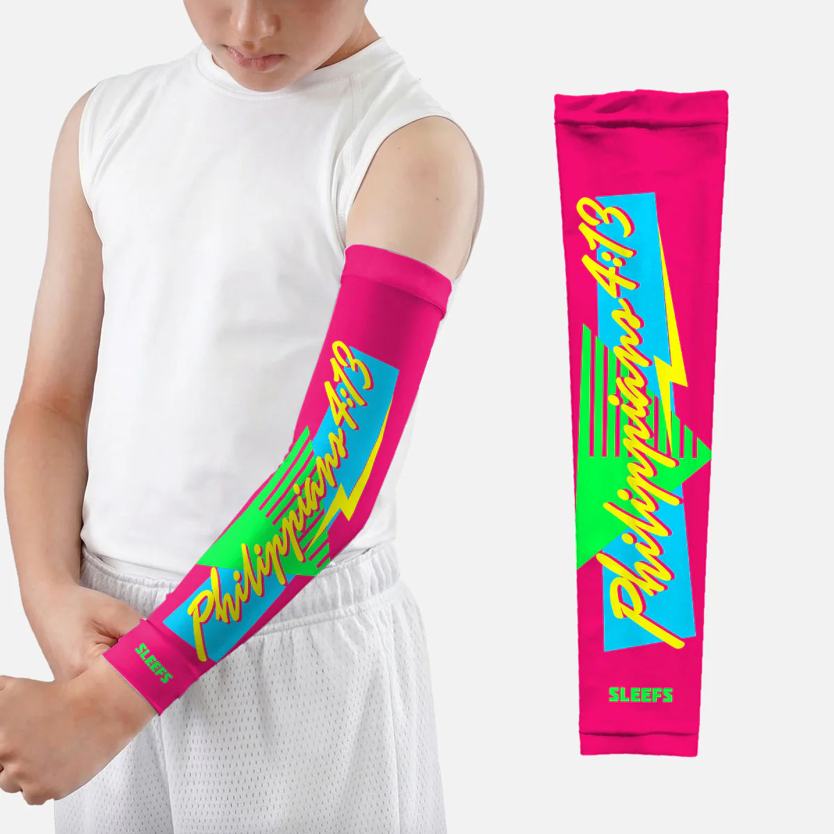 Philippians 4:13 Synthwave Pink and Blue Kids Arm Sleeves Pair - Image 3