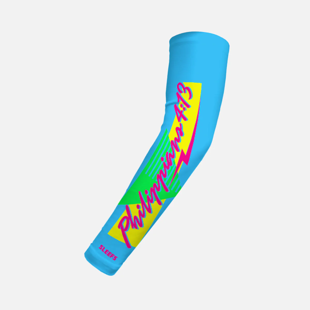 Philippians 4:13 Synthwave Pink and Blue Kids Arm Sleeves Pair - Image 6