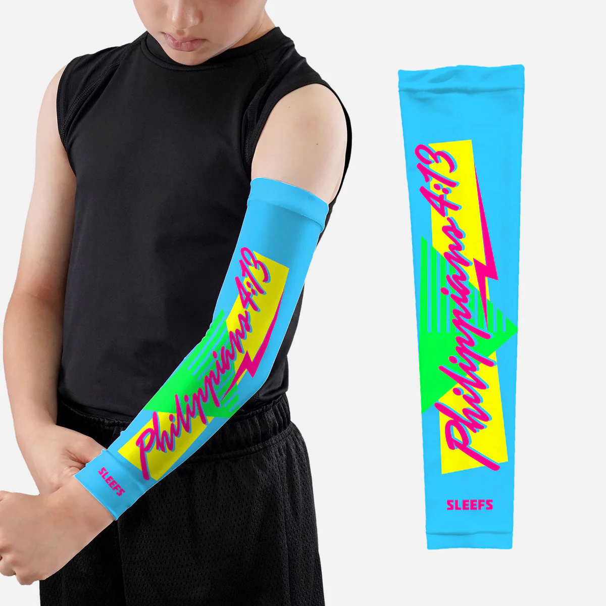 Philippians 4:13 Synthwave Pink and Blue Kids Arm Sleeves Pair - Image 7