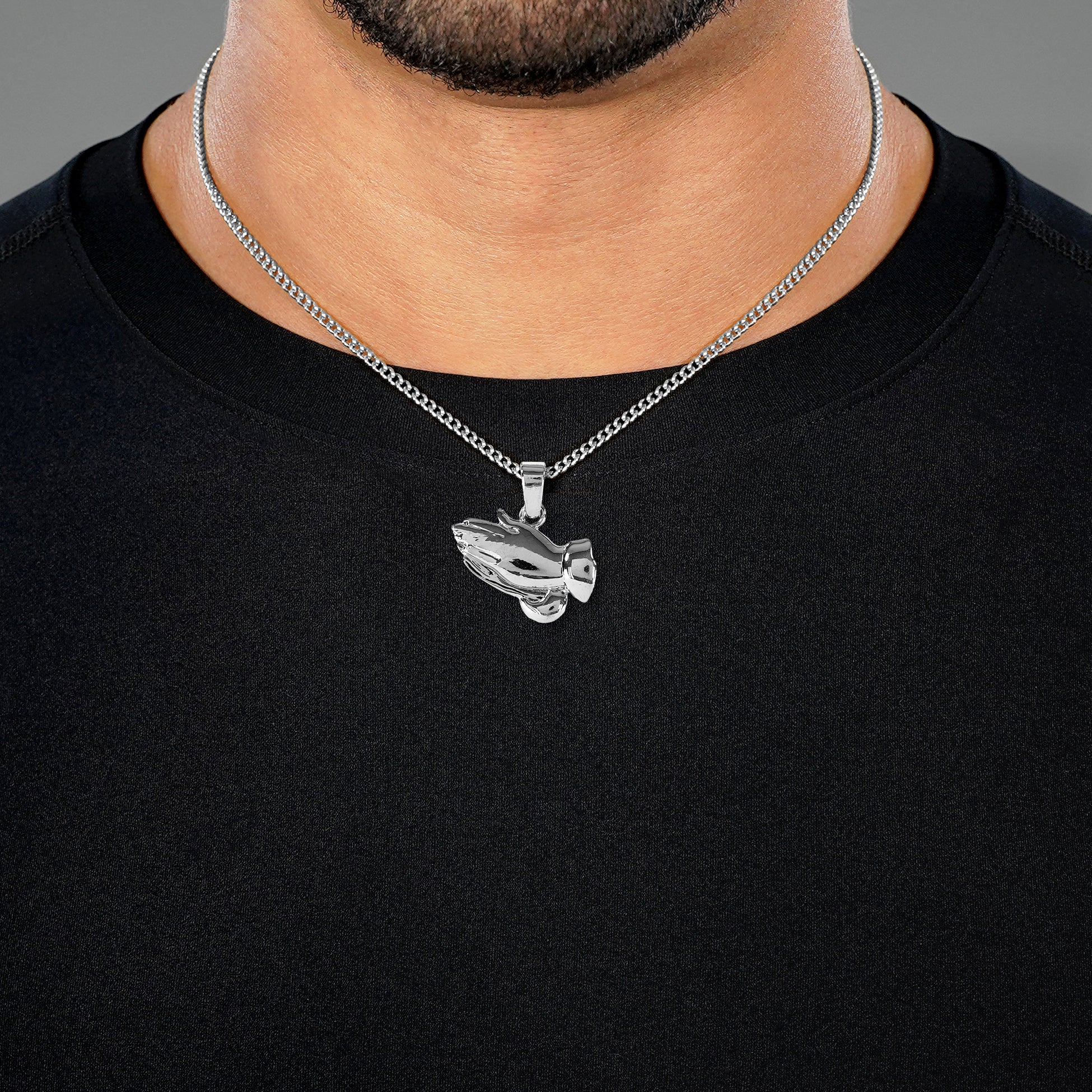 Praying Hands 1½" Pendant with Chain Necklace - Stainless Steel - Image 4
