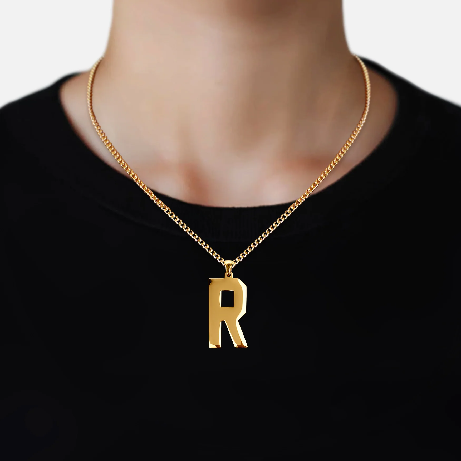 R Letter Pendant with Chain Necklace - Gold Plated Stainless Steel - Image 2