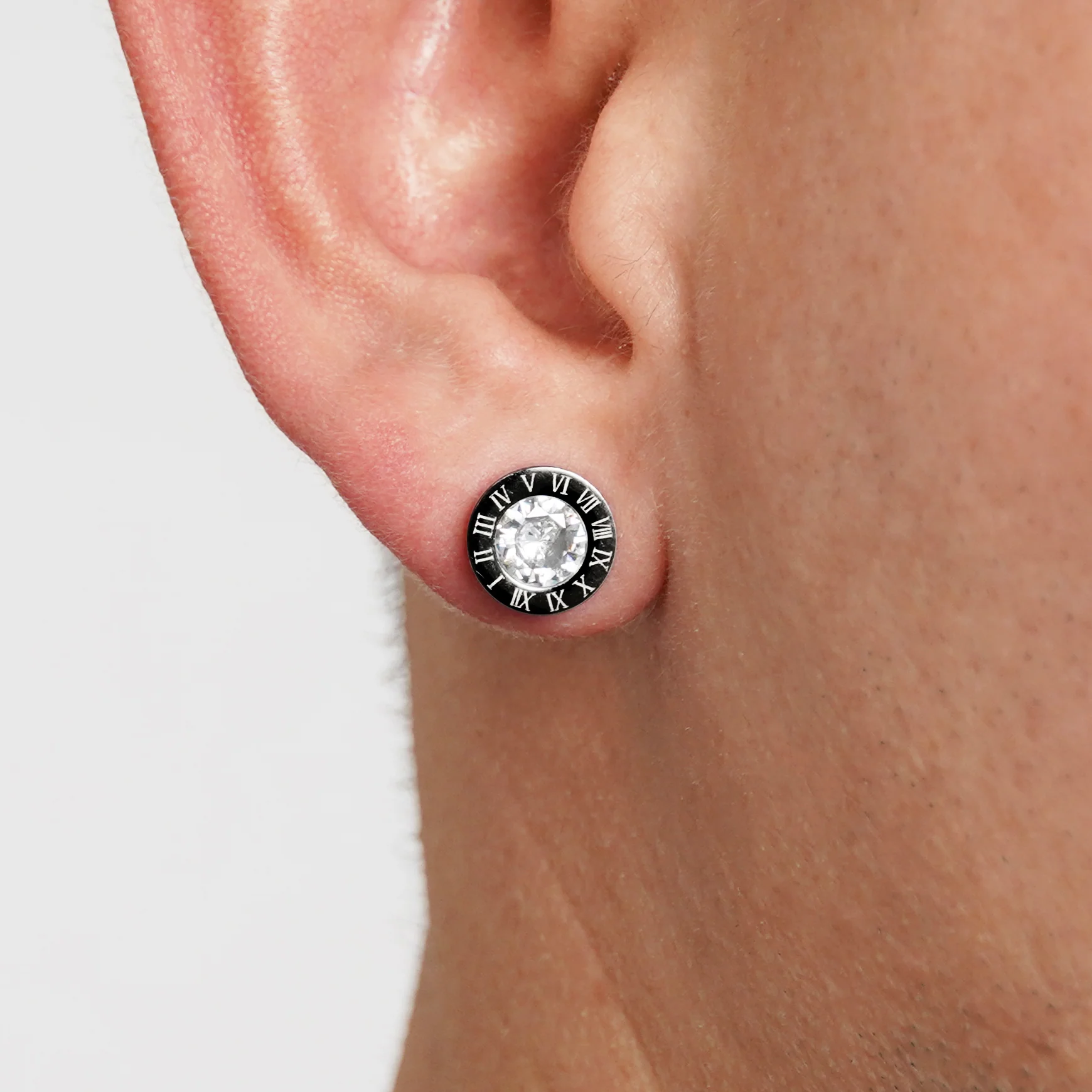 Roman Numeral Black Stainless Steel Stud Earrings - Image 3