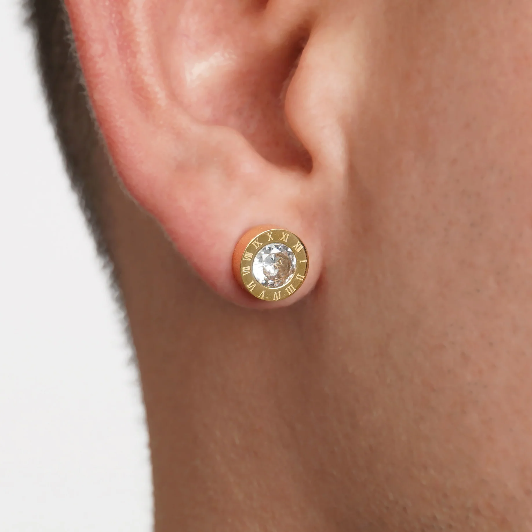 Roman Numeral Stud Earrings - Gold Plated Stainless Steel - Image 4