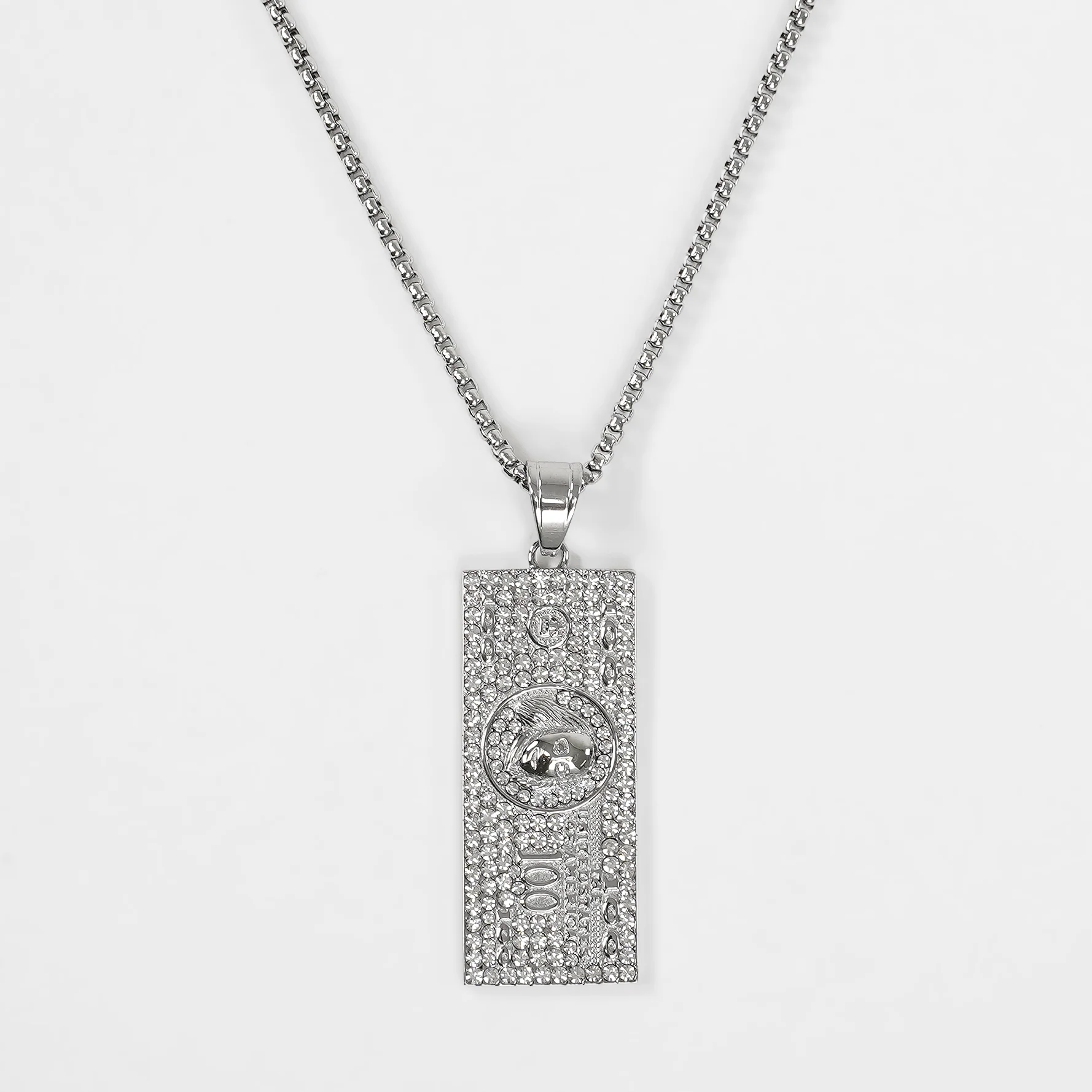 Silver 100 Bill Money Benjamin Pendant with Chain Necklace - Image 3