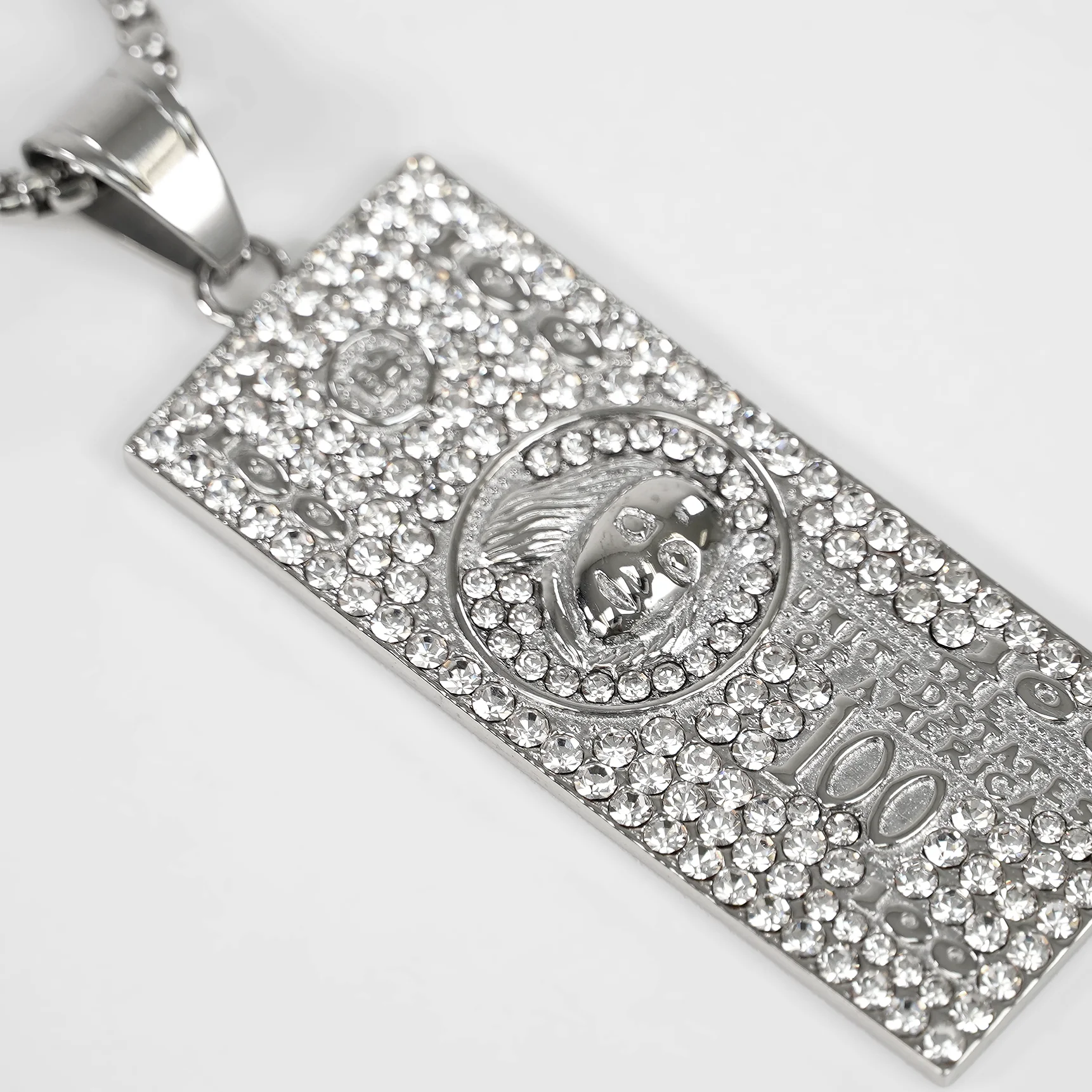 Silver 100 Bill Money Benjamin Pendant with Chain Necklace - Image 4