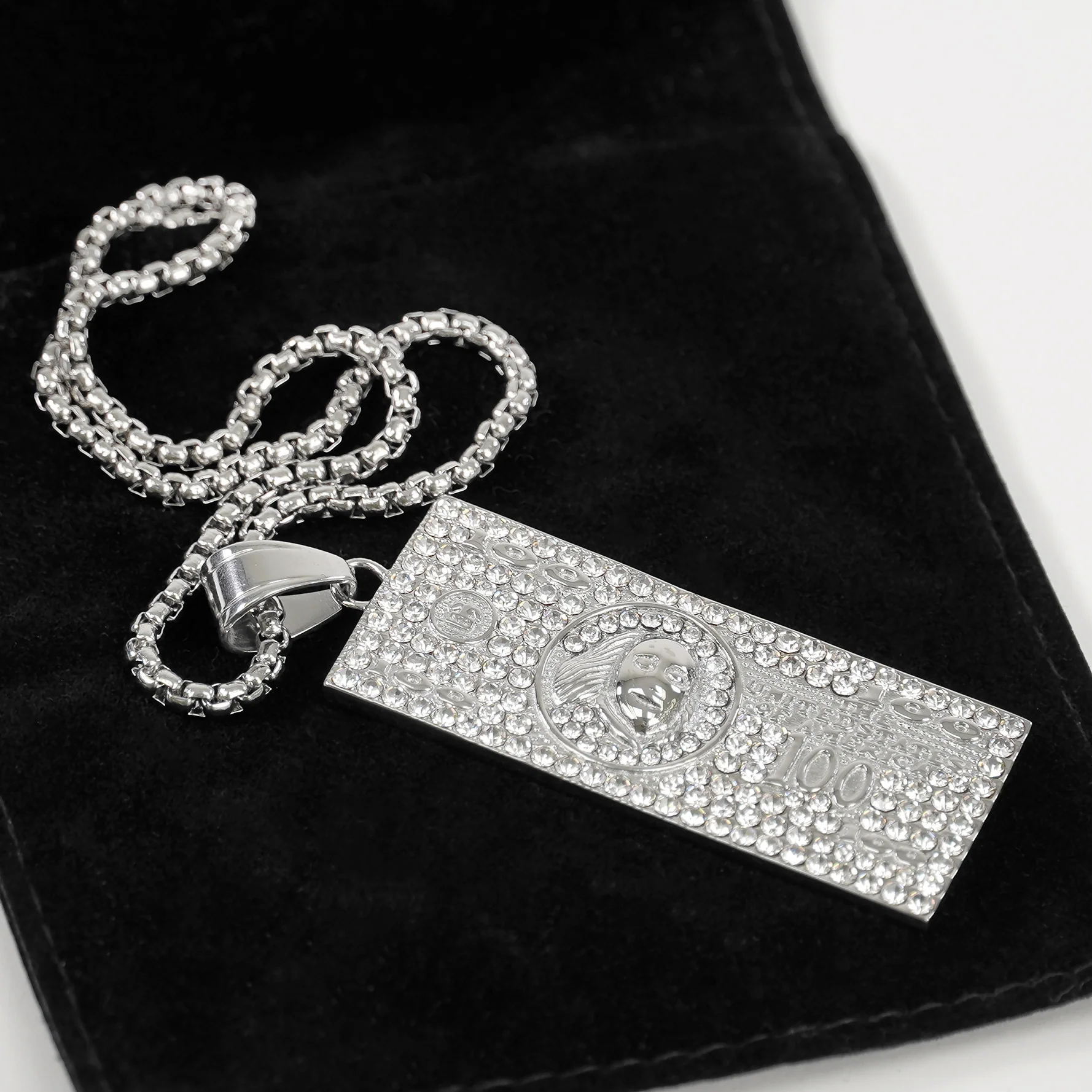 Silver 100 Bill Money Benjamin Pendant with Chain Necklace - Image 7