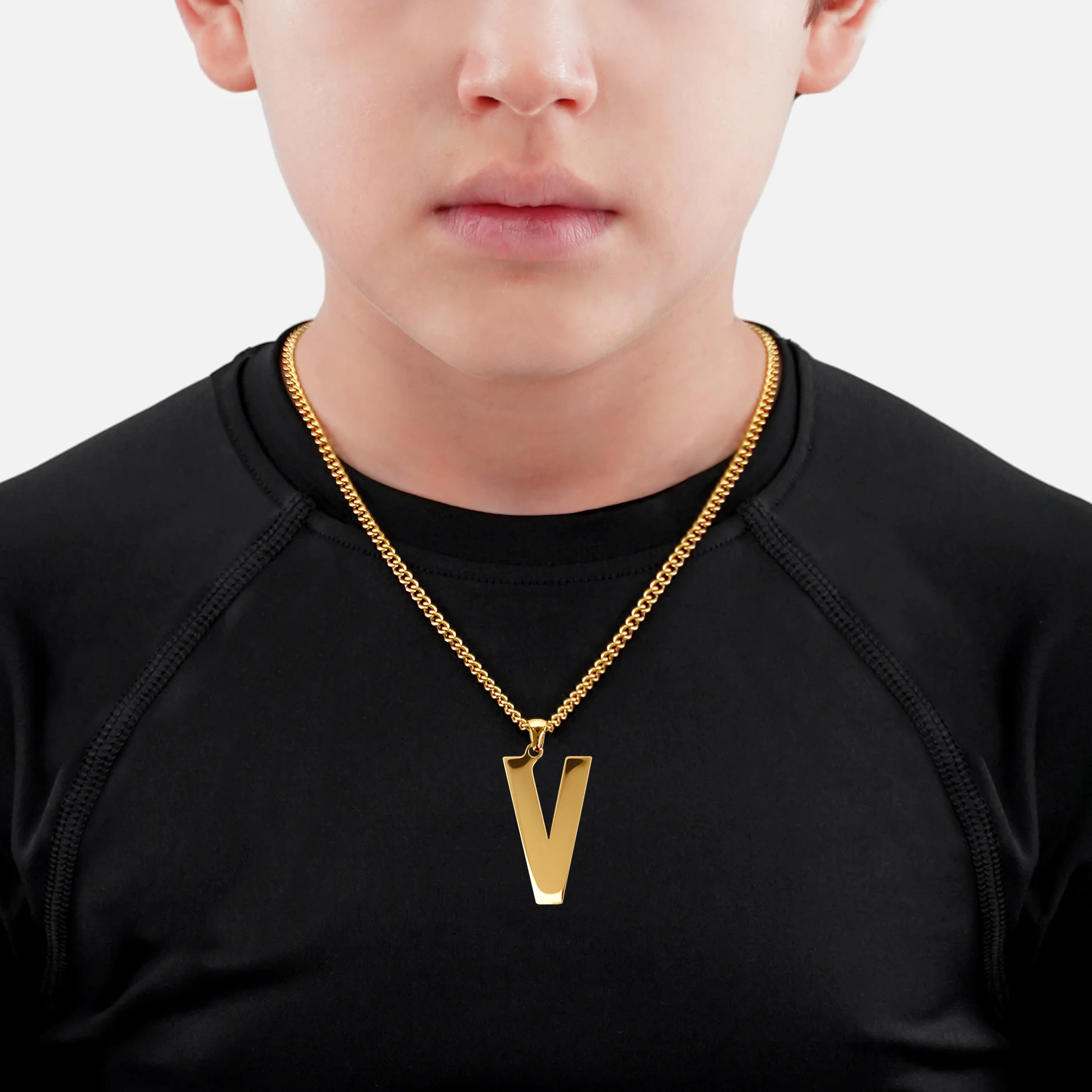 V Letter Pendant with Chain Kids Necklace - Gold Plated Stainless Steel - Image 2