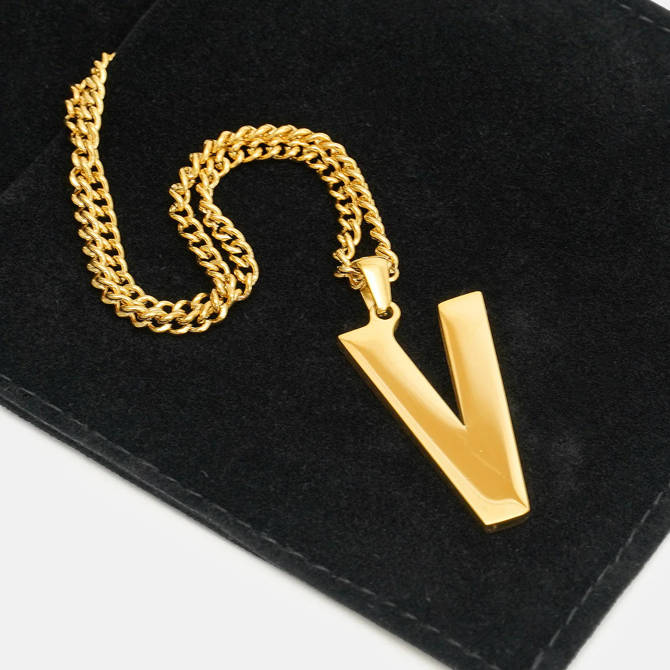 V Letter Pendant with Chain Necklace - Gold Plated Stainless Steel - Image 5