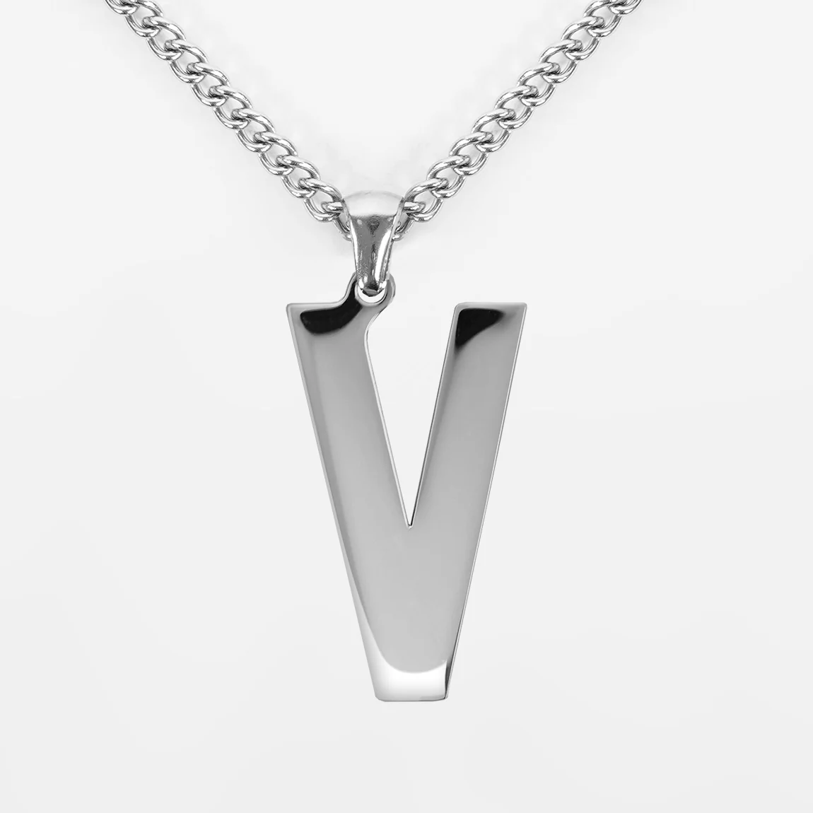 V Letter Pendant with Chain Necklace - Stainless Steel