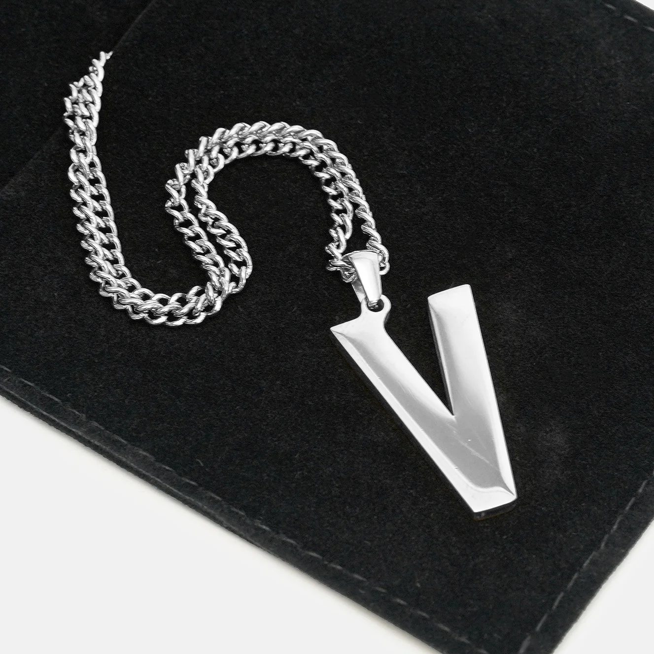 V Letter Pendant with Chain Necklace - Stainless Steel - Image 5