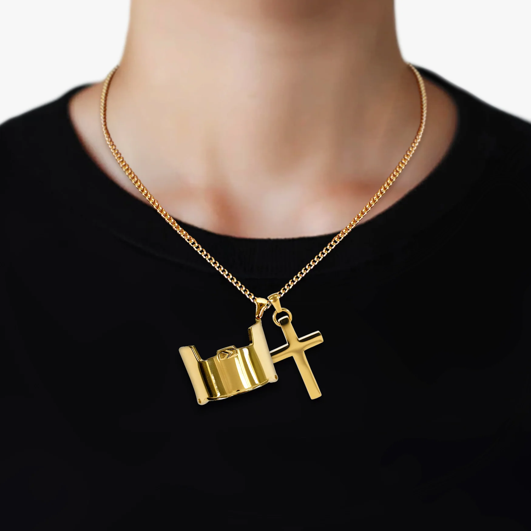 Visor & Cross Pendant with Chain Necklace - Gold Plated Stainless Steel - Image 2