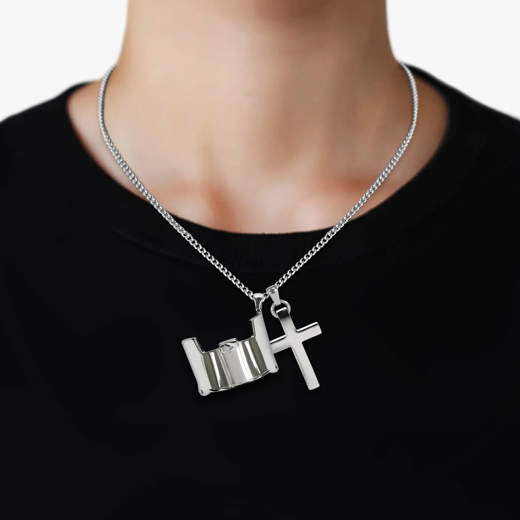 Visor & Cross Pendant with Chain Necklace - Stainless Steel - Image 2