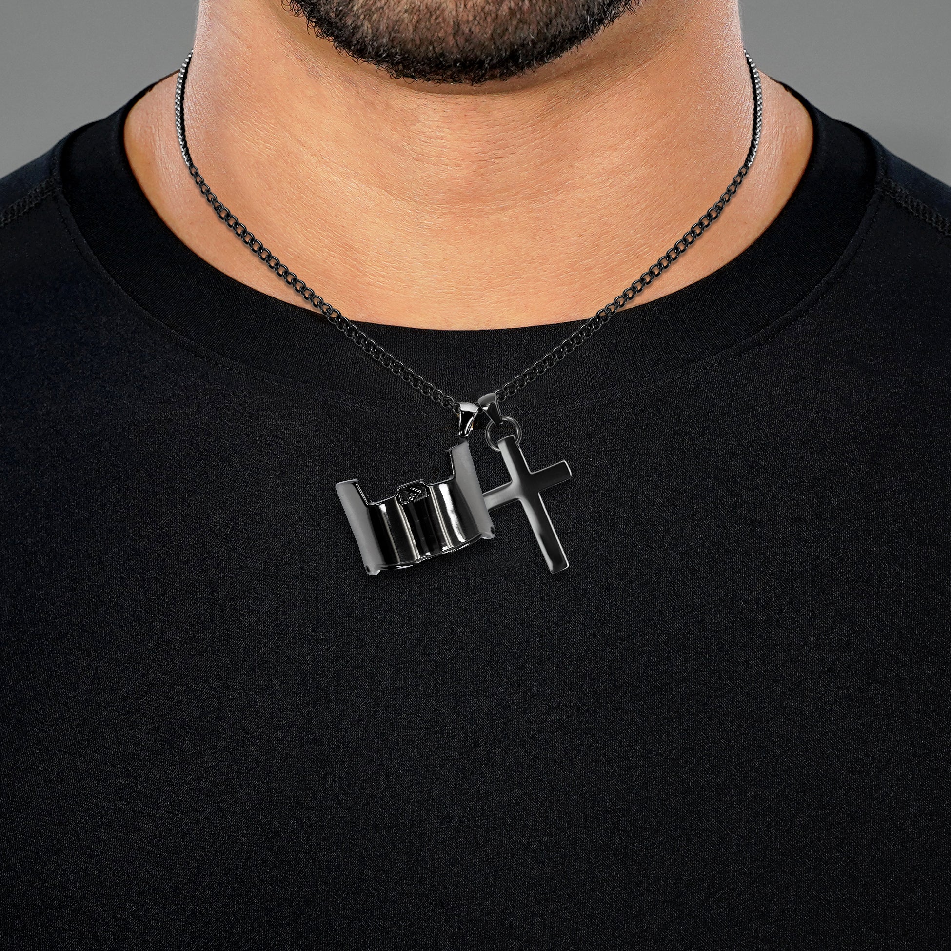 Visor & Cross Pendant with Chain Necklace - Black Stainless Steel - Image 2