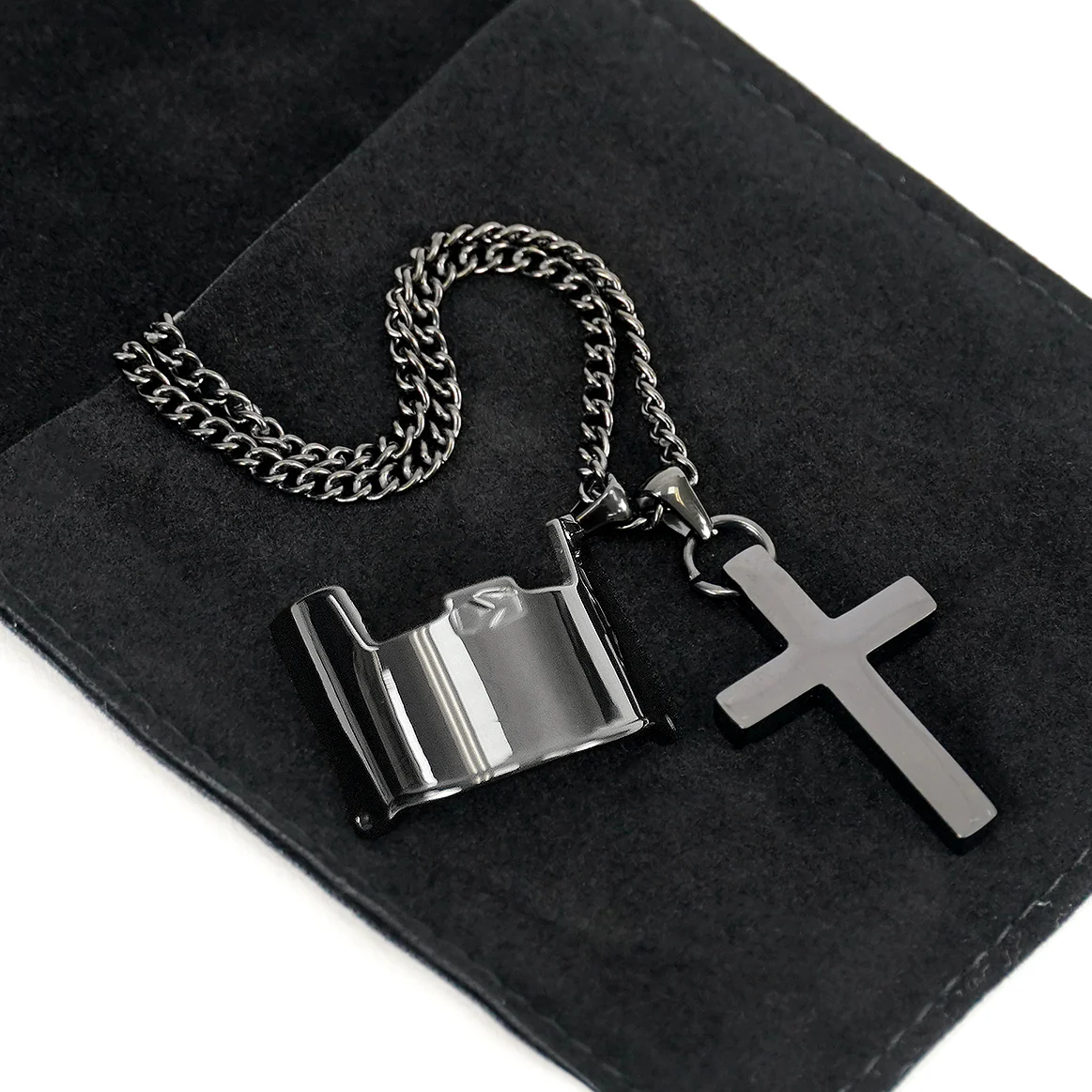 Visor & Cross Pendant with Chain Necklace - Black Stainless Steel - Image 3