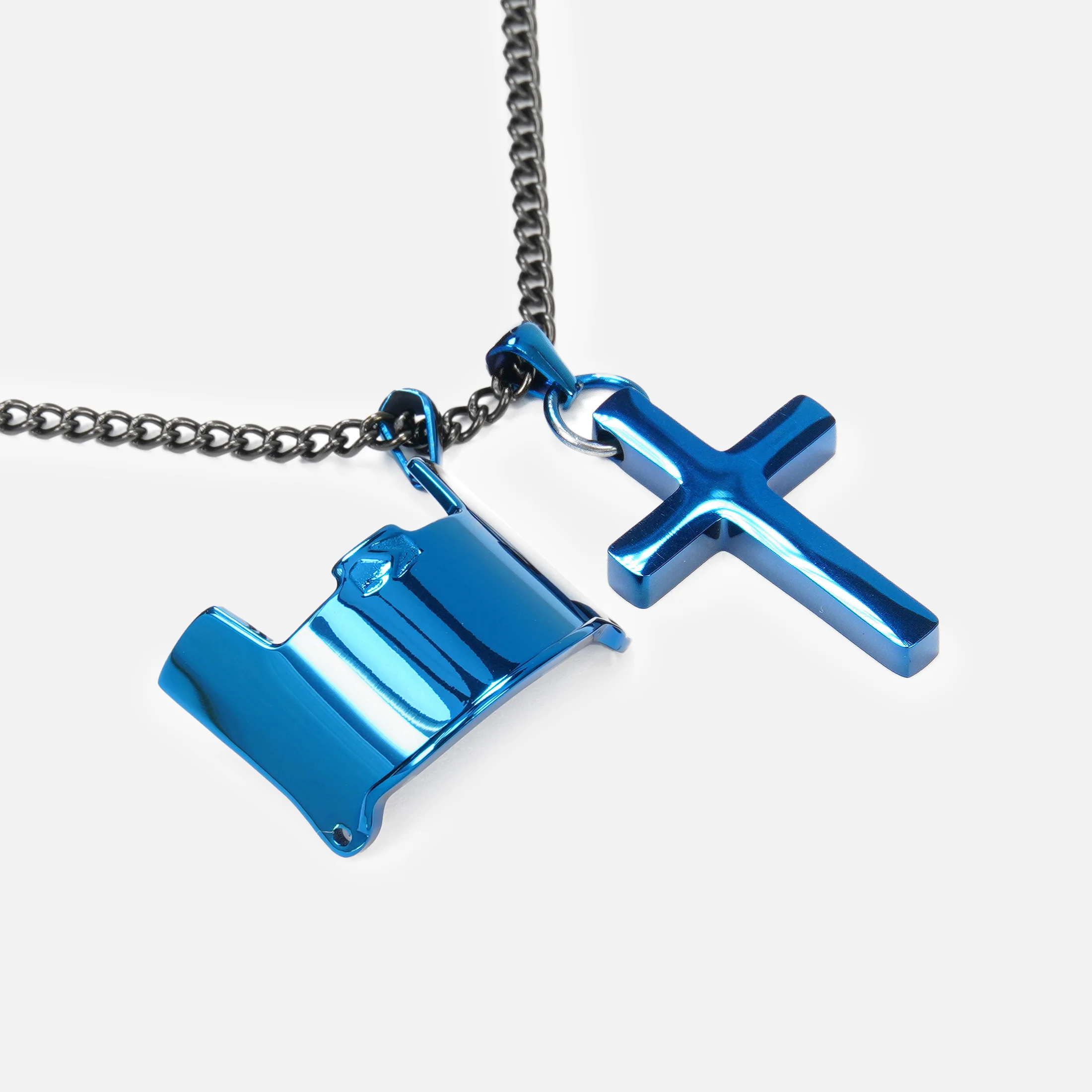 Visor & Cross Pendant with Chain Necklace - Cobalt Blue Stainless Steel
