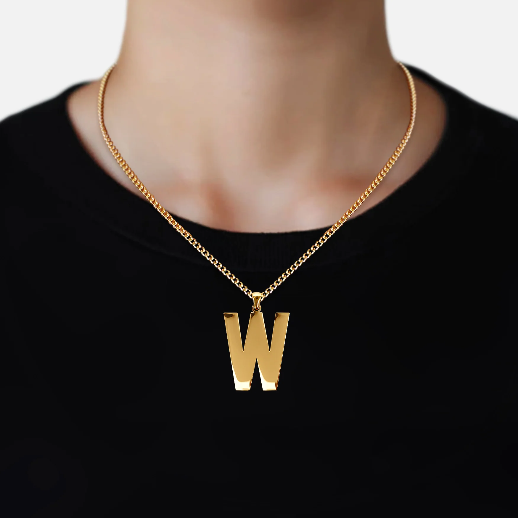 W Letter Pendant with Chain Necklace - Gold Plated Stainless Steel - Image 2