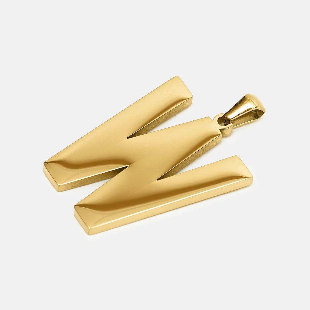W Letter Pendant with Chain Necklace - Gold Plated Stainless Steel - Image 3