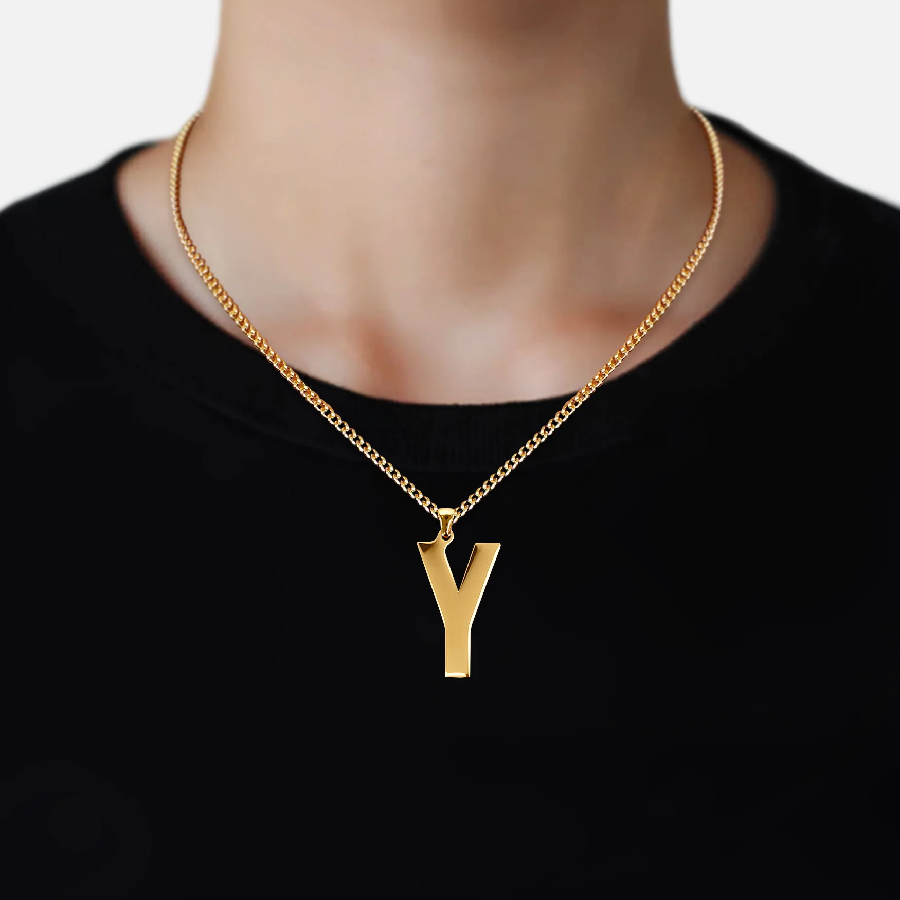 Y Letter Pendant with Chain Necklace - Gold Plated Stainless Steel - Image 2