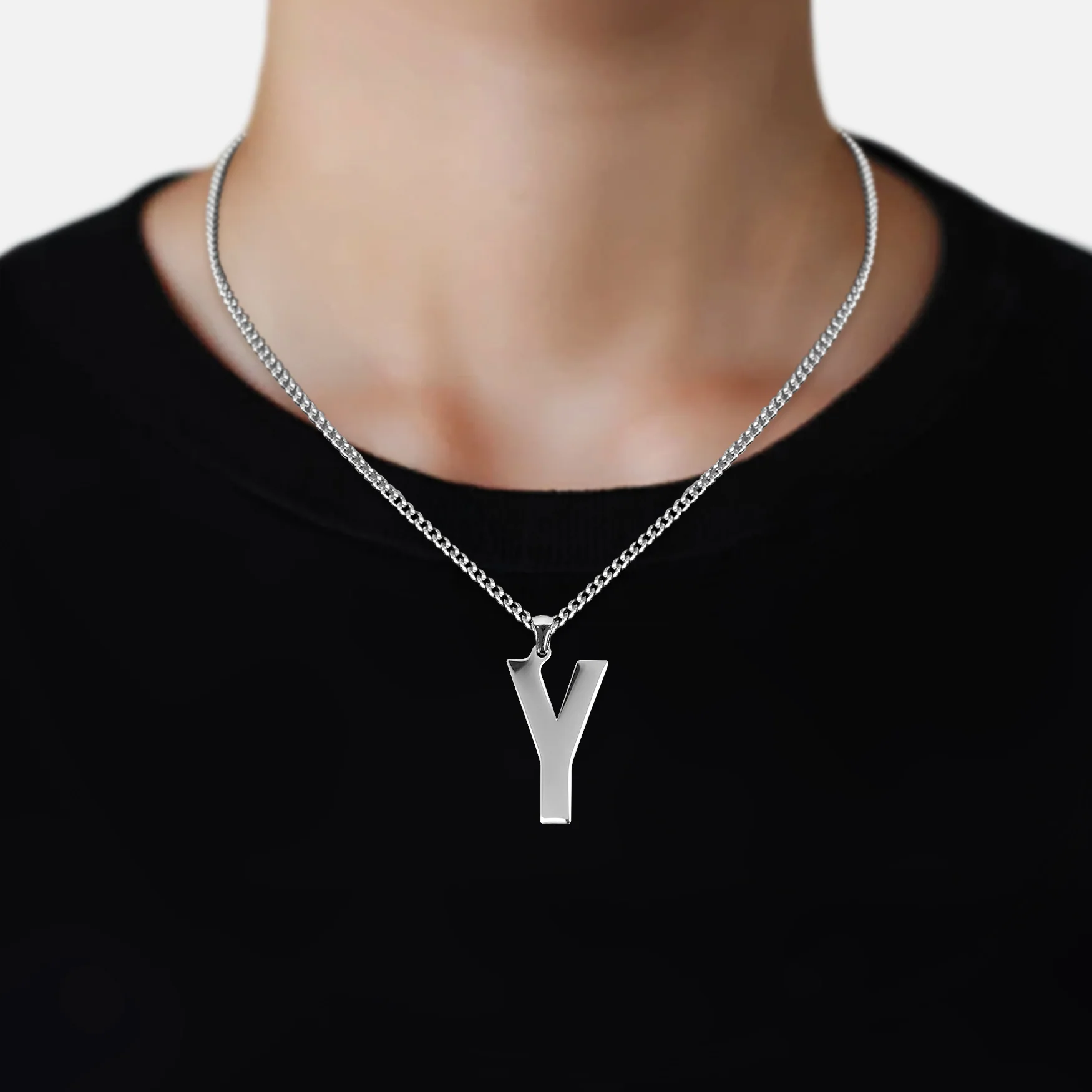 Y Letter Pendant with Chain Necklace - Stainless Steel - Image 2